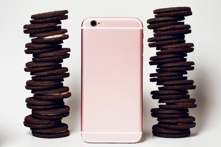 chocolate cookies stacked served milk mobile smartphoneの写真素材