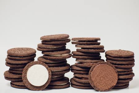 chocolate cookies stacked served milk brown snackの写真素材