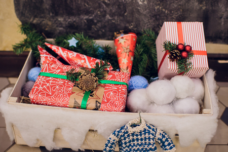 Decorated Christmas tree on blurred, sparkling and fairy backgroundの写真素材