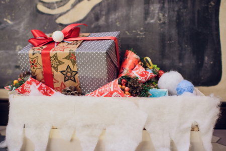 Decorated Christmas tree on blurred, sparkling and fairy backgroundの写真素材