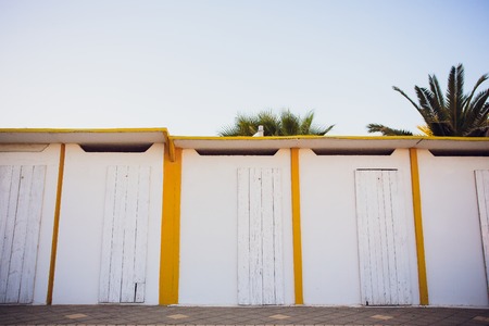 beach changing rooms blue cabin sea dressing room lockers roomの写真素材