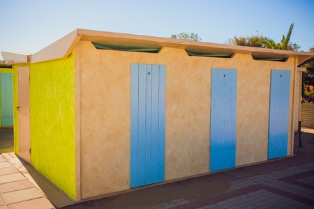 beach changing rooms blue cabin sea dressing room lockers roomの写真素材