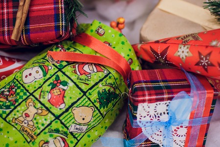 Decorated Christmas tree on blurred, sparkling and fairy backgroundの写真素材