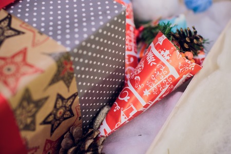 Decorated Christmas tree on blurred, sparkling and fairy backgroundの写真素材