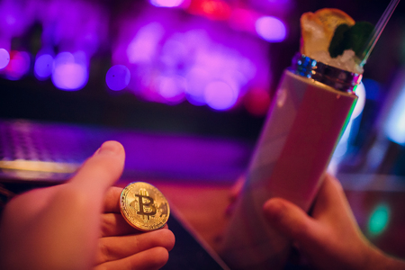 Golden bitcoin coin isolated on white background. Crypto currencyの写真素材