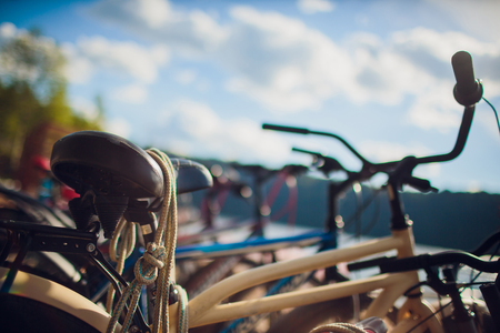 Bicycle at pacific beach sunset dawn ocean blue sky summerの写真素材
