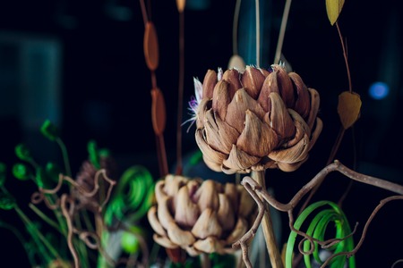 Top of dry flowers in vintage tone ,background texture,flat lay conceptの写真素材