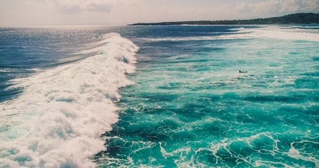 Aerial view of surfers and wave in tropical ocean. Top view