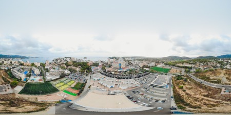 Aerial spherical 360 virtual photo Aerial view of Sants-Montjuic residential district from helicopter. Barcelonaの写真素材