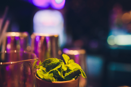 Mojito ingredients on rustic wooden table against the background of the barの写真素材