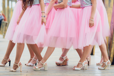 Close up of slim legs of woman wearing high heel shoesの写真素材