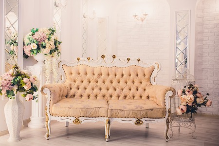 Luxury decor with daylight. modern photographic studio. Light spring room studio interiorの写真素材