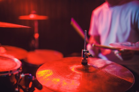 Professional drum set closeup. Drummer with drums, live music concertの写真素材