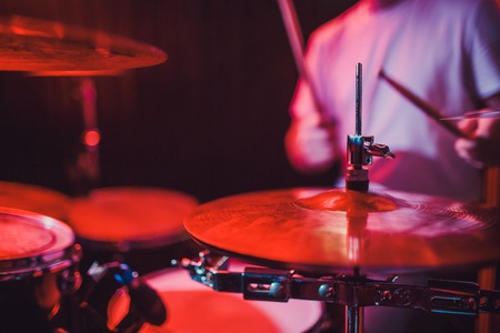 Professional drum set closeup. Drummer with drums, live music concertの写真素材