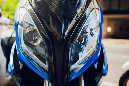 Close up of the front of a super sport motorcycle.の写真素材