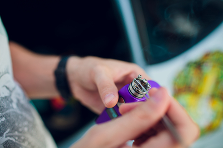 Macro photo of new clapton coil mounted in the electronic cigarette.の写真素材