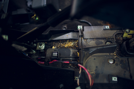 close up part of a car automatic gear lever, gear shift, dismantling for maintenance in garageの写真素材