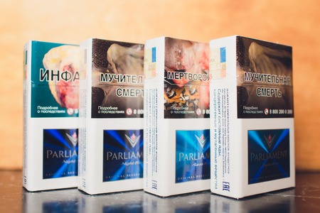 Ufa, Russia, 15 July, 2018: Packs of cigarettes company Parliament.のeditorial素材