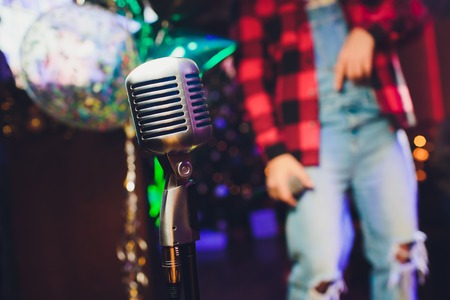 Microphone. Christmas music concept karaoke. Disco. New year celebrationの写真素材