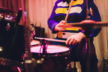 Professional drum set closeup. Drummer with drums, live music concertの写真素材