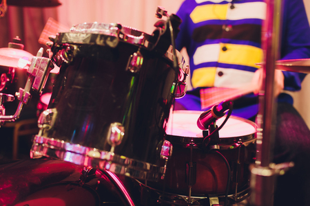 Professional drum set closeup. Drummer with drums, live music concertの写真素材