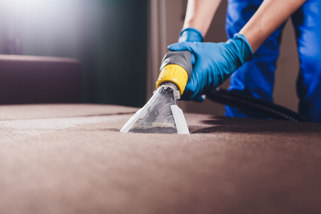 Sofa chemical cleaning with professionally extraction method. Upholstered furniture. Early spring cleaning or regular clean up. Dry cleaner's in light blue protective glove employee removing dirt from furniture in flatの写真素材