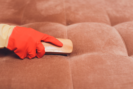 Beautiful young woman is smiling, using a brush and a spray while cleaning couch in the houseの写真素材
