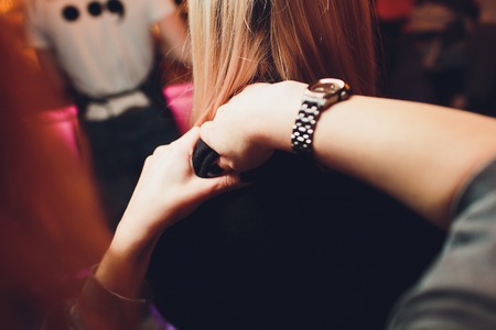 Closeup portrait of Lovely lesbian couple massage relax and happy sweetheart by touching loverの写真素材