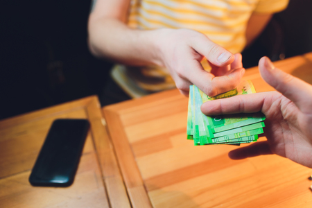 men's hands count the Russian money close upの写真素材