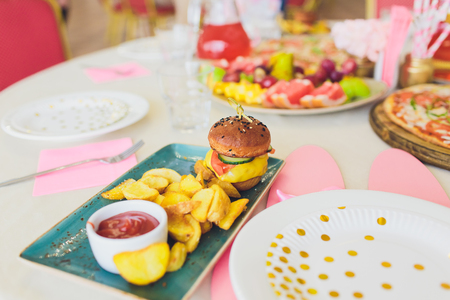 kids meal with bread and fries Mini Burgers Hamburgerの写真素材