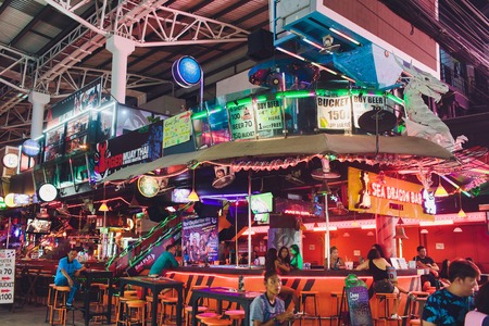 PHUKET, THAILAND - February 28, 2019: Infamous Bangla Walking Street near the beautiful tropical beach on Phuket Island, Thailand. Night time.のeditorial素材