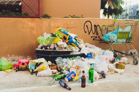PHUKET, THAILAND - March 2, 2019: Waste from plastic bottles in garbage bags, reducing waste from plastic bottles concept Reducing the use of plastic bottles.のeditorial素材