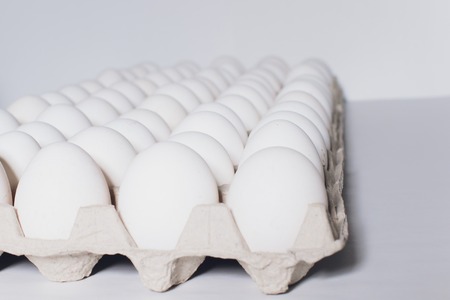 White eggs of a hen in harmless, cardboard packing on a white background.の写真素材