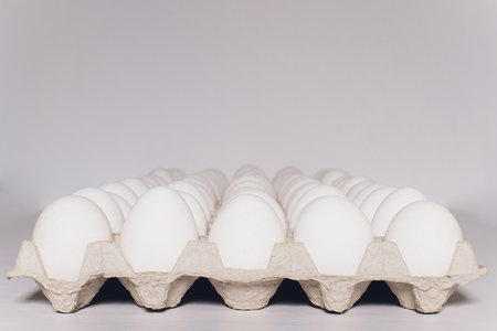 White eggs of a hen in harmless, cardboard packing on a white background.の写真素材
