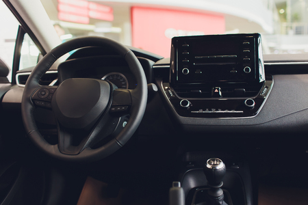 Interior view of car with black salon. steering wheel, autoの写真素材