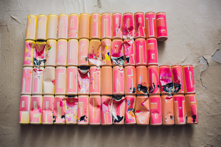 Barcelona, Spain - May 27, 2018: aluminum can, art, on the wall.のeditorial素材