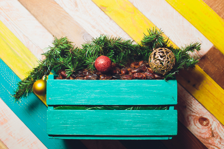 Closeup of Christmas tree decorated. Christmas decorations. Holiday background. Christmas tree. Greeting card.の写真素材