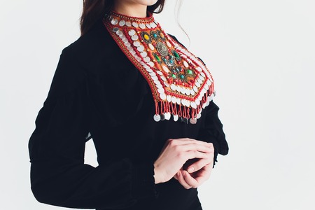 national Bashkir costumes. peoples of Russia. Tatars on white background studio.