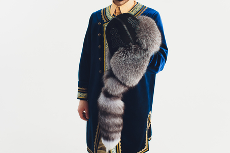 national Bashkir costumes. peoples of Russia. Tatars on white background studio.の写真素材