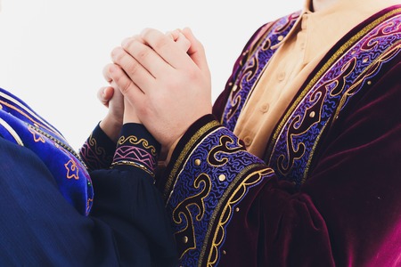 national Bashkir costumes. peoples of Russia. Tatars on white background studio.の写真素材