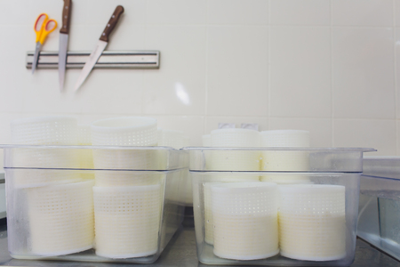 Traditional Cheese Making In A Small Company. Cheese Maker Hands Close-up Top View.の写真素材