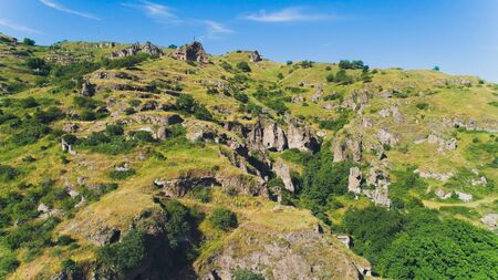 Viev on the Khndzoresk ancient cave city in mountain rocks near Goris, one of the main attraction in Armenia.の写真素材