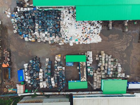 Ufa, Russia, 1 July, 2019: Plastic bales of tetra pak juice packages at waste processing plant....