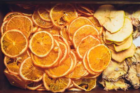 slices of dried citrus fruits. Grapefruit, lime, orange, lemon. Dehydrated fruits for decorating...