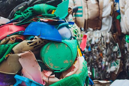 Plastic pressed bales at the modern waste hazardous processing plant. Separate garbage collection....