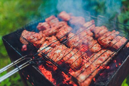 Barbecue grill with skewers. Placed on grass.