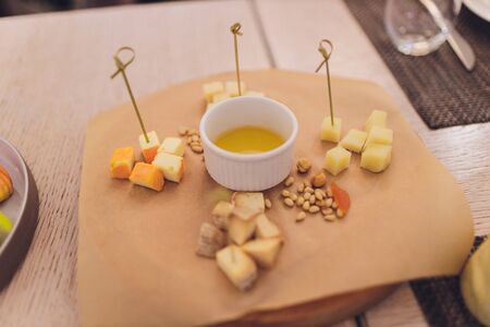 spanish tapas and sangria on wooden table, top view.の写真素材