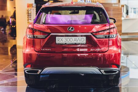 Ufa, Russia August 17, 2019: Lexus RX 300,Macro view of modern car xenon lamp headlight, bumper, wheel. Exterior of a modern car.のeditorial素材