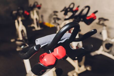Healthy lifestyle concept. Spinning class with empty bikes. fitness, sport, trainingの写真素材