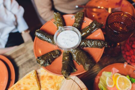 dolma. Dolmades Stuffed Grape Leaves. copy space. space for text.の写真素材